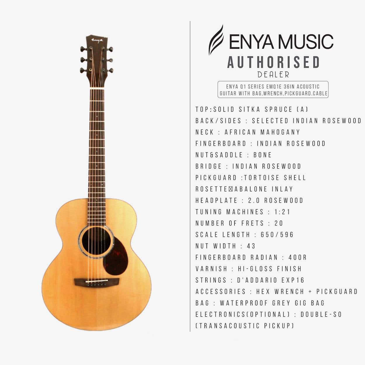 Đàn Guitar Acoustic Enya EM-Q1 EQ AcousticPlus - Size 36"-Mai Nguyên Music
