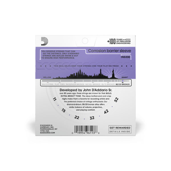 Dây Đàn Guitar Acoustic D'Addario EJ13 80/20 Bronze, Custom Light, 11-52-Mai Nguyên Music