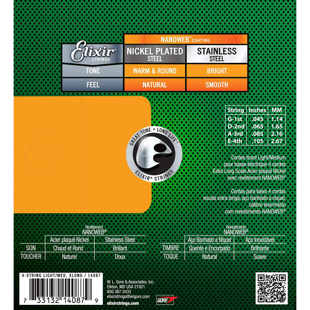 Dây Đàn Guitar Bass Elixir 14078 NPS Nanoweb 4-String Light/Medium Long Scale 45-105, Box of 25-Mai Nguyên Music