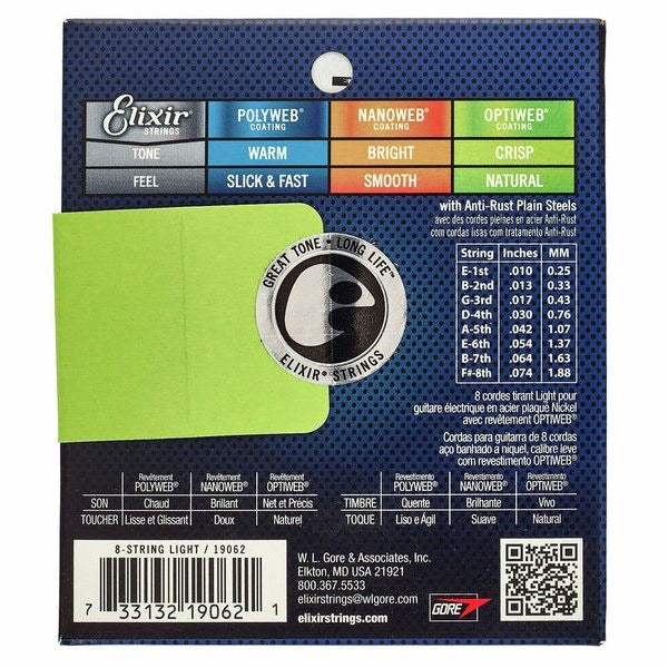 Dây Đàn Guitar Điện Elixir 19062 Optiweb 8-Strings Light 10-74-Mai Nguyên Music