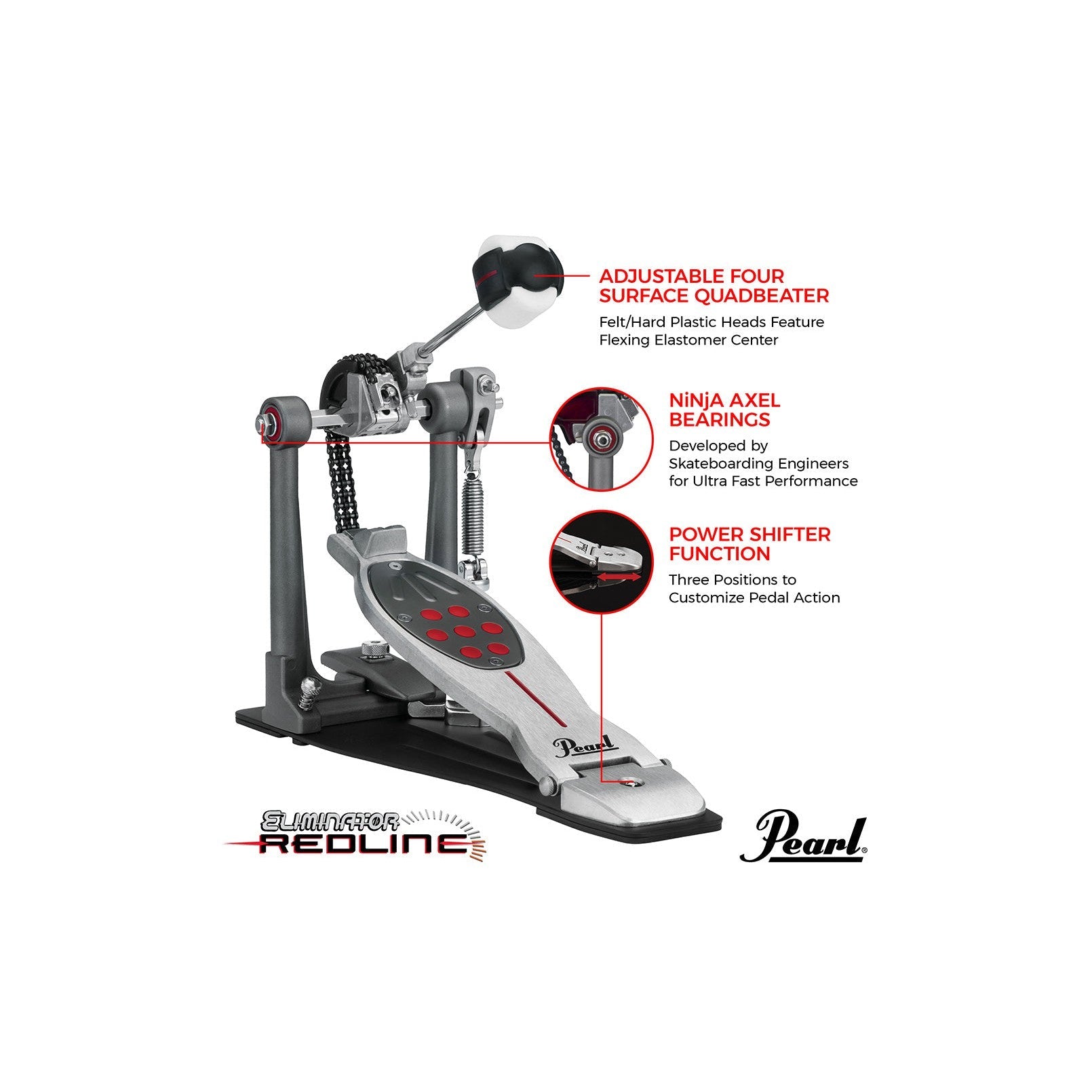 Pedal Đơn Trống Bass Pearl P2050C Eliminator Redline Chain-Mai Nguyên Music