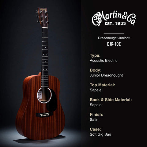 Martin DJr-10E Sapele thiết kế hoàn toàn bằng gỗ Sapele, tích hợp hệ thống điện tử Fishman Sonitone khuếch đại âm thanh một cách trung thực nhất.
