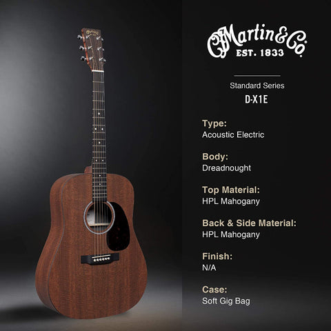 Martin DX1E-03 được thiết kế với mặt trên, lưng và hông gỗ Gụ Mahogany HPL.