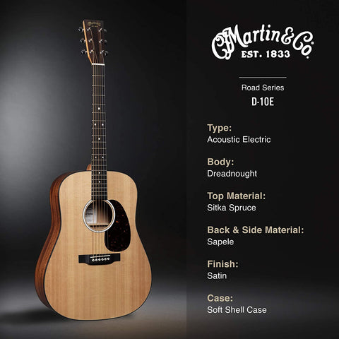 Martin D-10E Sitka Spruce thiết kế với mặt trên gỗ Vân sam Sitka nguyên tấm, lưng và hông gỗ Sapele.