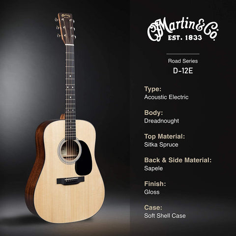 Martin D-12E được thiết kế mặt trên gỗ Vân sam Sitka nguyên tấm, lưng và hông gỗ Sapele, hệ thống khuếch đại âm thanh Fishman MX-T.