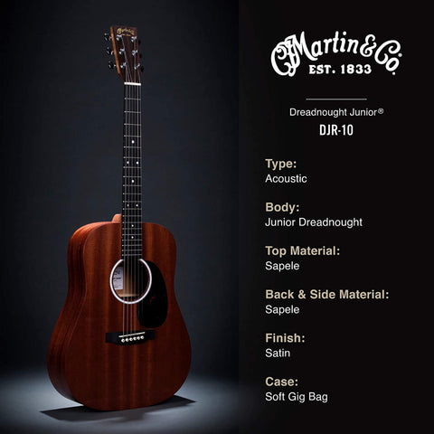 Martin DJr-10 Sapele là một cây đàn dáng dreadnought cỡ nhỏ (size ¾ so với phiên bản tiêu chuẩn) mang đến cho những người mới chơi sự trải nghiệm muốn sở hữu cho mình một cây đàn guitar mang thương hiệu Martin, chính vì thiết kế nhỏ hơn nên nó sẽ là sự lựa chọn lý tưởng cho các bạn nhỏ tuổi, bạn gái hoặc những người chơi mới. DJr-10 có phần thân đàn được làm hoàn toàn bằng gỗ Sapele, một loại gỗ màu tối với âm sắc nổi bật mang lại giai điệu âm thanh trầm ấm, phong phú trên toàn bộ dải tần âm. Cần đàn được sử dụng gỗ có chọn lọc với mặt phím Richlite cho bạn chơi hàng giờ mà không biết chán. Hơn nữa lớp hoàn thiện satin tuyệt đẹp giúp bảo vệ gỗ vân gỗ cũng như màu sắc tuyệt vời của nó. Tone màu được lựa chọn có chọn lọc Sapele chinh phục người chơi guitar vì nó có trọng lượng nhẹ và âm sắc đáng kinh ngạc. Gỗ Sapele mang đến âm trung mạnh mẽ và âm bass bay bổng. Nó có vẻ ngoài và tông màu tương tự như gỗ Gụ chính hãng, khi già đi theo thời gian về hình dáng và tông màu. Kiểu dáng Dreadnough Junior Sự rõ ràng và sâu lắng của âm sắc của những cây đàn Martin Dreadnought Junior, nó cung cấp khả năng cộng hưởng âm thanh và cho ra âm sắc tuyệt vời cho dù với hình thể nhỏ hơn so với dáng đàn tiêu chuẩn. Kiểu dáng thiết kế này rất phù hợp cho các bạn trẻ, sinh viên hay những người mới chơi muốn sở hữu cho mình một cây đàn dáng nhỏ nhắn, xinh xắn như Martin DJr-10. Các đặc điểm nổi bật của Martin DJr-10 Sapele: - Cây đàn guitar acoustic thiết kế hoàn toàn bằng gỗ Sapele mang lại âm sắc vượt trội - Dáng đàn Dreadnought Junior mang đến sự thoải mái cho người mới chơi - Thanh nan hình chữ X có vỏ sò cho sự cộng hưởng âm thanh và bền hơn Thông số kỹ thuật/ Spec: Body & Bridge • Top Material: Solid Sapele • Body Material: Solid Sapele • Body Type: D Junior-14 Fret (000 Depth) • Bridge Material: FSCA Certified Richlite • Bridge Pin Material: White Plastic • Bridge Pin Dots: Black Plastic • Bridge Style: Junior Style Belly • Bridge String Spacing: 2, 5/32'' • Saddle: Compensated White Tusq • Saddle Radius: 16 '' • Bracing Pattern: X Brace • Brace Shape: Scalloped • Brace Material: Sitka Spruce • Brace Size: 1/4 '' • Rosette: MOP Pattern w/ Multi-Stripe • Top Material Finish: Satin • Top Material Colour: Cherry • Back/Sides Material Finish: Satin • Back/Sides Material Colour: Cherry Neck & Fingerboard • Neck Material: Select Hardwood • Neck Construction: Mortise and Tenon Neck Joint • Neck Shape: Dreadnought Junior • Neck Taper: High Performance • Neck Finish: Hand Rubbed • Neck Joins Body At: 14th Fret • Number of Frets: 20 • Fingerboard Material: FSCA Certified Richlite • Fingerboard Inlay Material: MOP Pattern • Fingerboard Inlay Style: MOP Pattern Dots- 28 Style Pattern • Fingerboard Width at Nut: 1, 3/4 '' • Fingerboard Width at 12th Fret: 2, 1/8 '' • Plek: Yes • Nut Material: White Corian • Headstock Shape: Solid w/ Dreadnought Junior Taper • Headplate Material: HPL • Headplate Logo Style: Script Ink • Scale Length: 24 '' Hardware & Strings • Hardware Colour: Chrome • Tuning Machines: Enclosed Gear • Recommended Strings: RETRO LIGHT (MM12) • Pickguard: Faux Tortoise • Tuning Knobs: Small • Label: Paper Label • Included Accessories: Soft Gig Bag