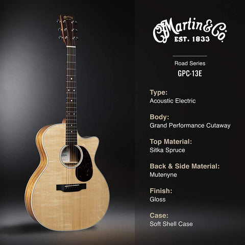 Martin GPC-13E được thiết kế mặt trên gỗ Vân sam nguyên tấm, lưng và hông gỗ Mutenye