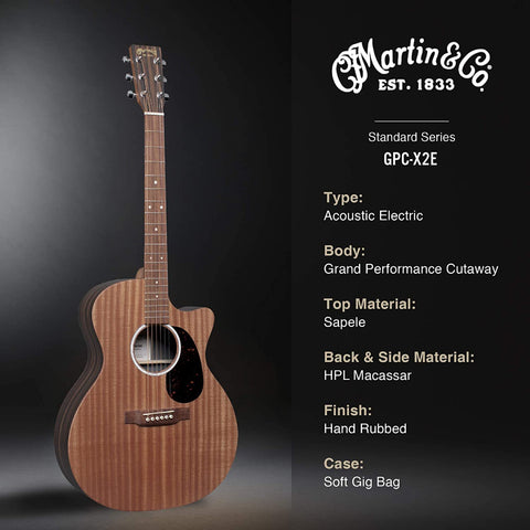 Martin GPC-X2E Macassar thiết kế mặt trên gỗ Sapele, lưng và hông gỗ HPL Macassar và Fishman MX.