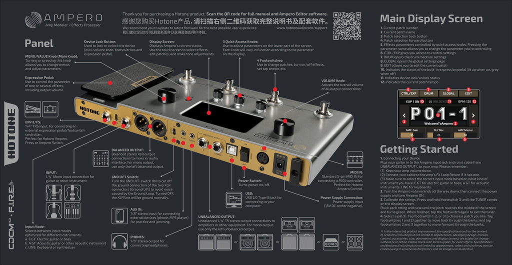 Multi Effect Pedal Hotone Ampero Silver Edition MP-100 kết nối đầu In/Out
