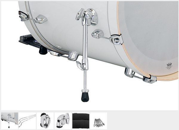 Trống bass BSP70 với mũi nhọn có thể thu vào, Giá đỡ NEL Lug và FTB07 Floor Tom trang nhã, giá treo tom ba điểm Opti-Loc, Móng trống Bass cách nhiệt và vòng ba mặt bích 1,6mm.