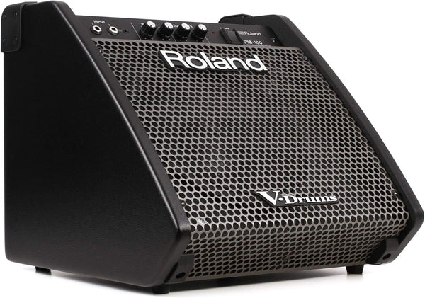 2-channel, 80-watt Powered eDrum Monitor Get to know our team of experts! This article wasWritten By Our Product Research Team Get to know them! When you need clean, full-range reproduction of your electronic drums, you want the Roland PM-100. This personal powered monitor is optimized to reproduce the enveloping lows and crisp detail of Roland's V-Drums. The 2-way speaker system (10" woofer plus driver) delivers a mighty 80 watts straight to your ears, courtesy of a clever wedge design, with a top carry handle that makes transport a breeze. Independent level controls for your drums and an additional sound source — music player, your phone, or even another musician — make practice and performance easier than ever.