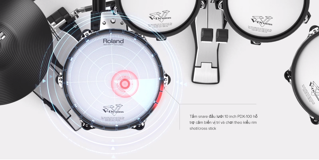 Tấm snare đầu lưới 10 inch PDX-100 hỗ trợ cảm biến vị trí và chơi theo kiểu rim shot/cross stick trên Roland TD-25KV