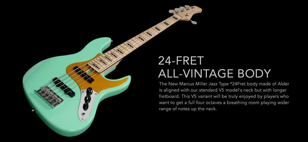 Sire Marcus Miller V5 24 Fret được thiết kế thêm 4 nốt nhạc để tạo ra phím đàn 2 quáng 8