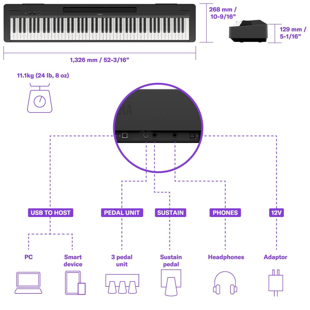 Kích thước và kết nối trên Yamaha P145BT