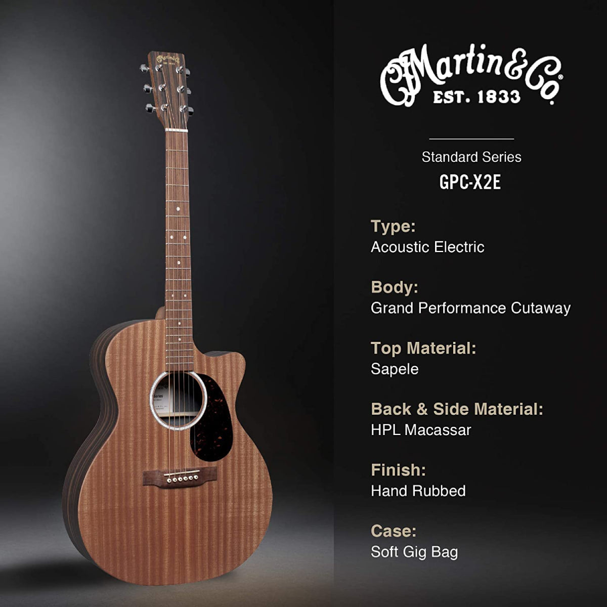 Đàn Guitar Acoustic Martin GPC-X2E Macassar X Series w/Bag-Mai Nguyên Music