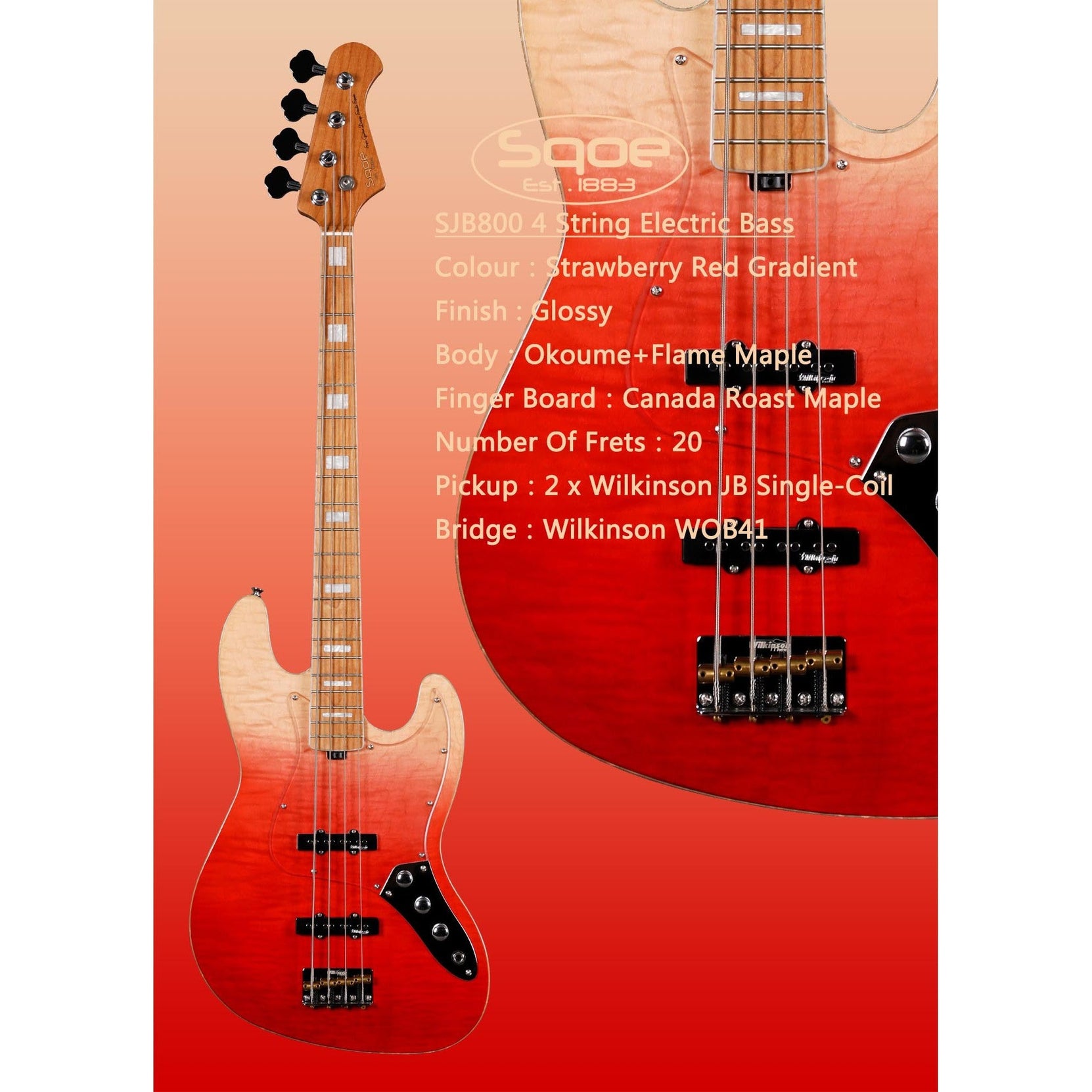 Đàn Guitar Bass 4-dây Sqoe SJB-800 SS, Maple Finngerboard-Mai Nguyên Music