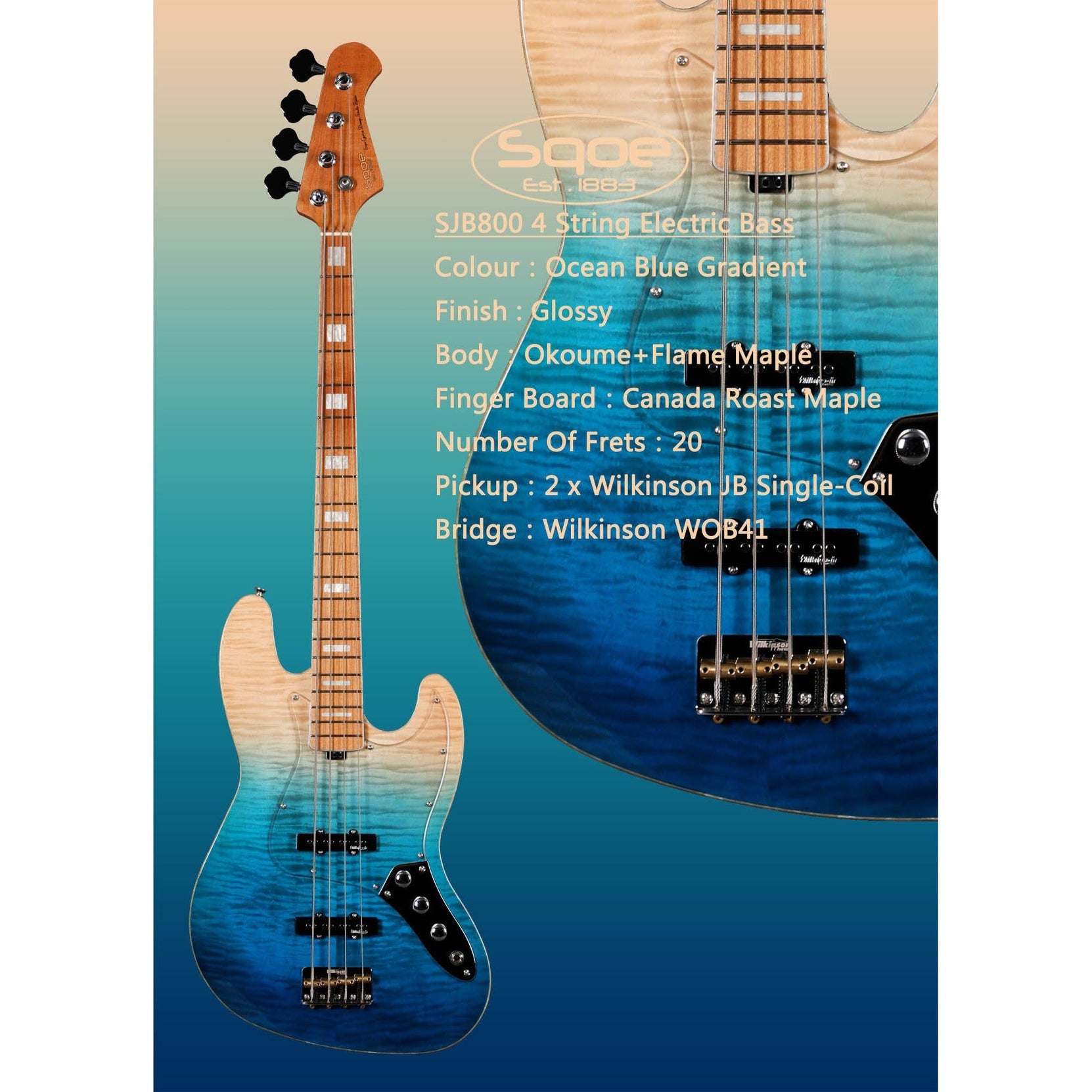 Đàn Guitar Bass 4-dây Sqoe SJB-800 SS, Maple Finngerboard-Mai Nguyên Music