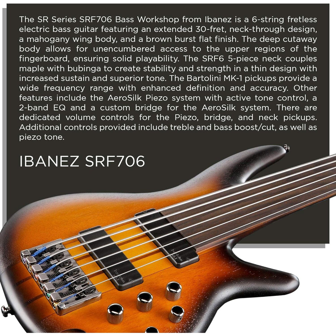 Đàn Guitar Bass 6-dây Ibanez Bass Workshop SRF706, Brown Burst Flat-Mai Nguyên Music