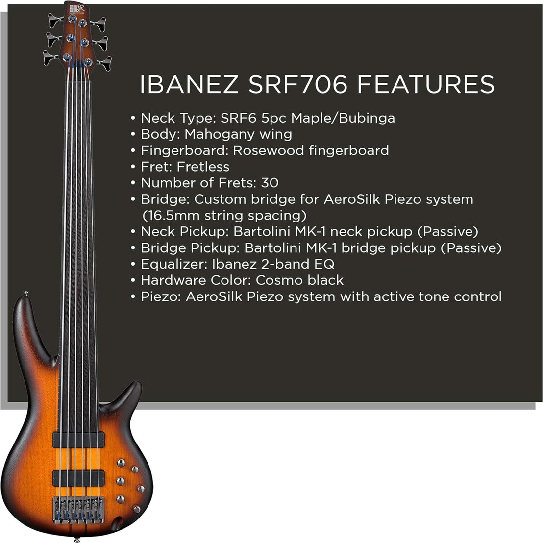 Đàn Guitar Bass 6-dây Ibanez Bass Workshop SRF706, Brown Burst Flat-Mai Nguyên Music