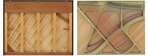 Bảng cộng hưởng (soundboard) được làm bằng gỗ vân sam nguyên tấm gọt thon