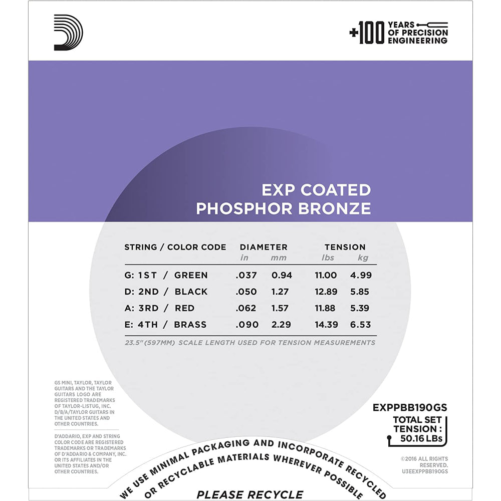Dây Đàn Guitar Acoustic Bass D'Addario EXPPBB190GS Coated GS Mini, 37-90-Mai Nguyên Music