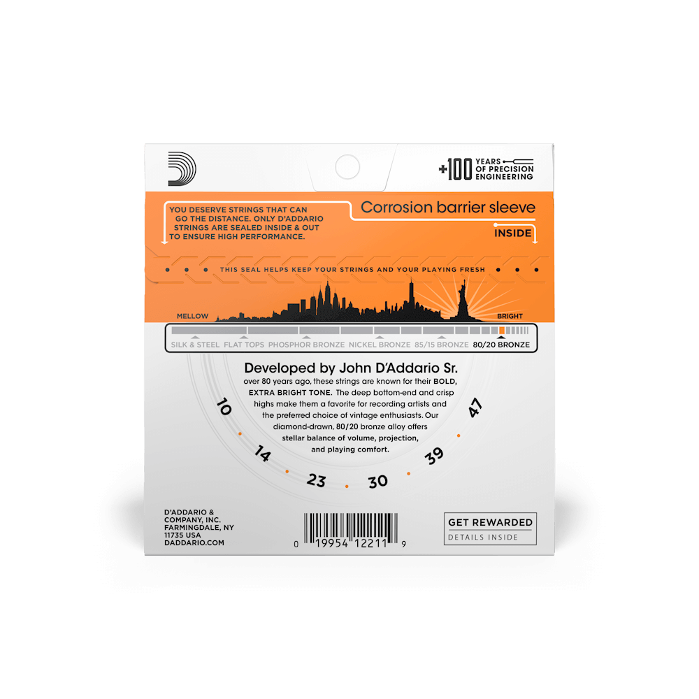 Dây Đàn Guitar Acoustic D'Addario EJ10 80/20 Bronze, Extra Light, 10-47-Mai Nguyên Music