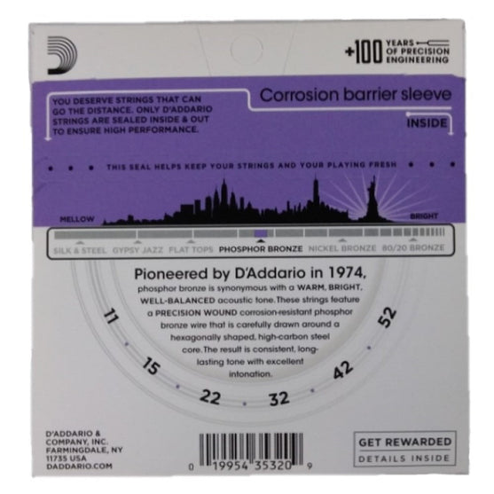 Dây Đàn Guitar Acoustic D'Addario EJ26-E Phosphor Bronze, Custom Light 1st, 11-52, Extra 1st-Mai Nguyên Music