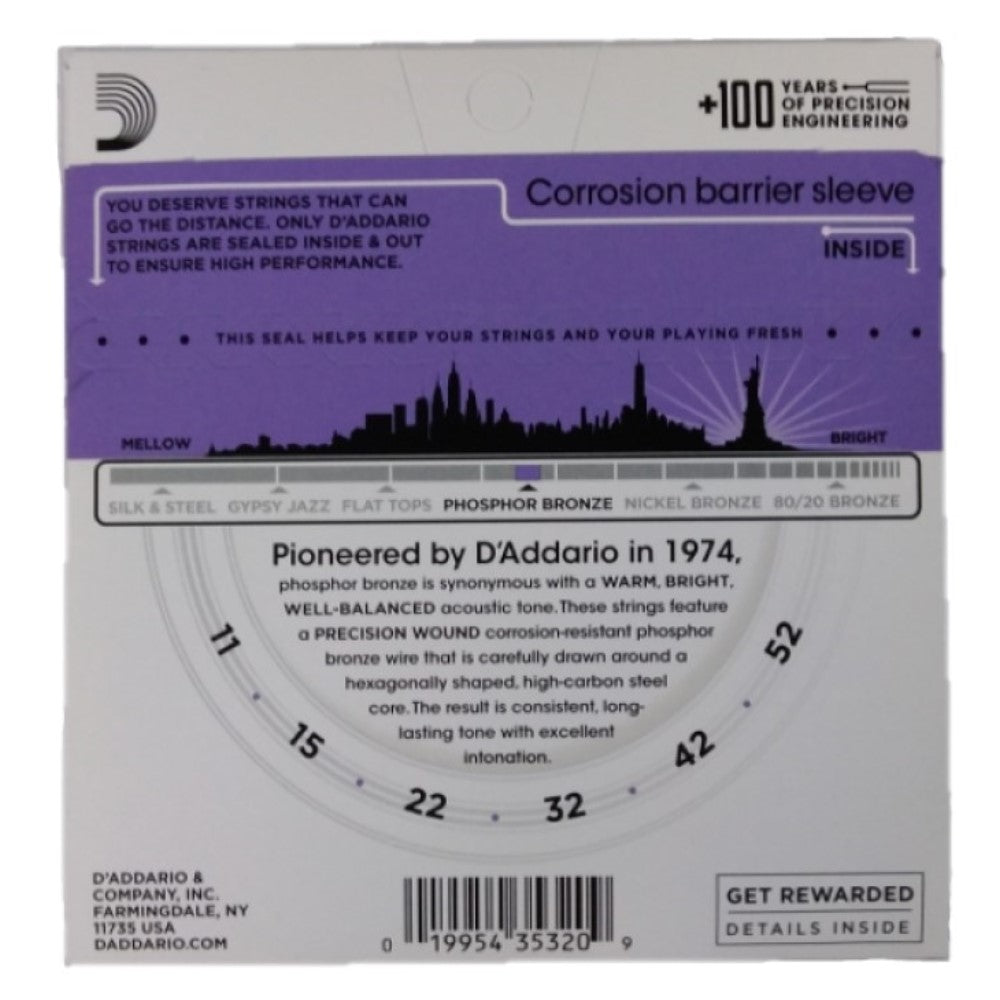 Dây Đàn Guitar Acoustic D'Addario EJ26-E Phosphor Bronze, Custom Light 1st, 11-52, Extra 1st-Mai Nguyên Music