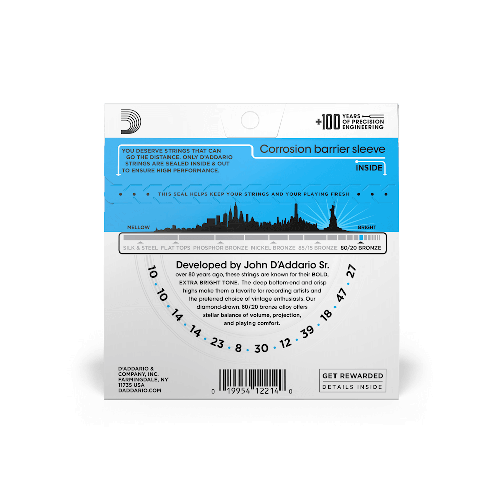 Dây Đàn Guitar Acoustic D'Addario EJ36 80/20 12-Strings Bronze, Light, 10-47-Mai Nguyên Music