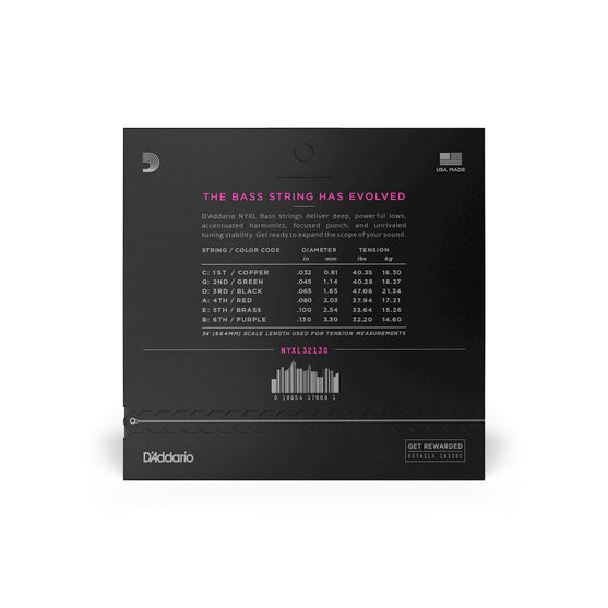 Dây Đàn Guitar Bass D'Addario NYXL32130 6-String Nickel Wound, Long Scale, Regular Light, 32-130-Mai Nguyên Music