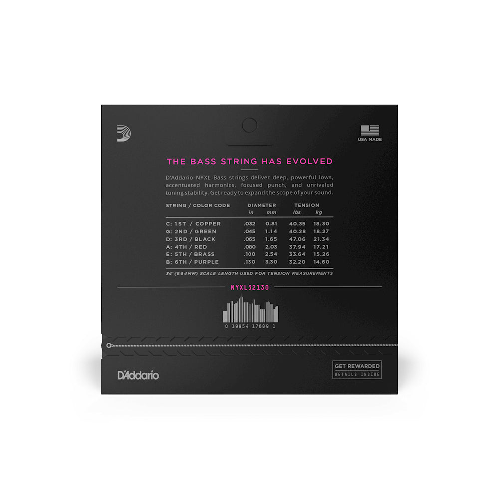 Dây Đàn Guitar Bass D'Addario NYXL32130 6-String Nickel Wound, Long Scale, Regular Light, 32-130-Mai Nguyên Music