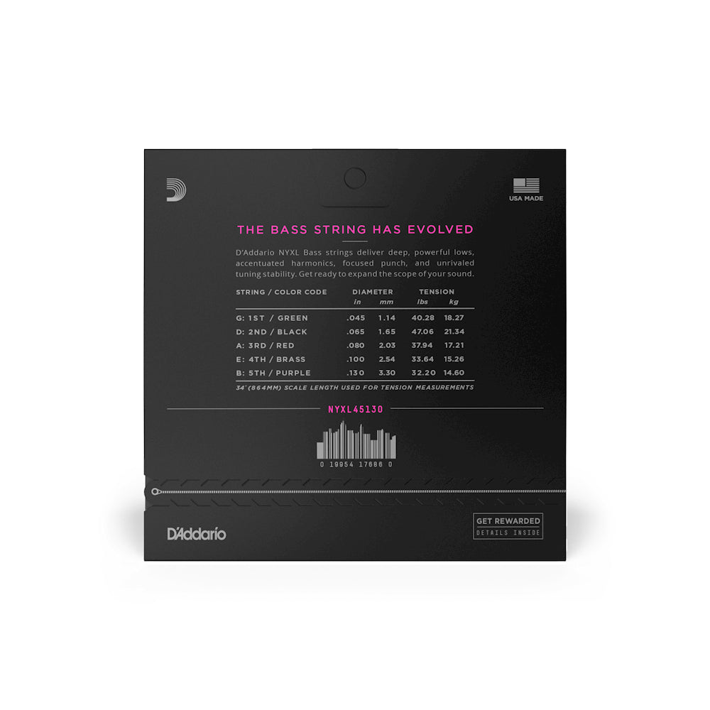 Dây Đàn Guitar Bass D'Addario NYXL45130 NYXL 5-String, Long Scale, Regular Light, 45-130-Mai Nguyên Music