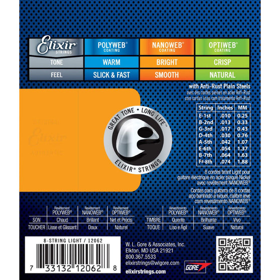 Dây Đàn Guitar Điện Elixir 12062 Nanoweb Light 8-String 10-74-Mai Nguyên Music
