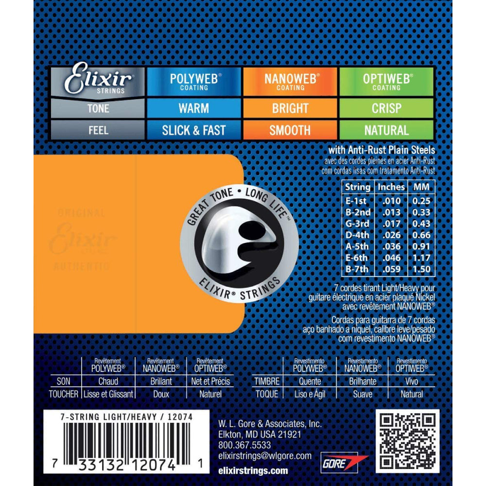 Dây Đàn Guitar Điện Elixir 12074 Nanoweb Light-Heavy 7-String, 10-59-Mai Nguyên Music