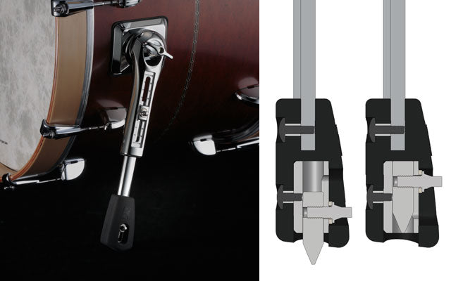 Các chân trống bass áp dụng khái niệm tương tự như chân tom sàn. Vì các cựa trống trầm nhận tác động theo chiều ngang từ bàn đạp đập vào trống trầm nên việc hấp thụ đúng tác động này là rất quan trọng đối với sự cộng hưởng tự nhiên của vỏ trống trầm và mang lại cảm giác thoải mái từ bàn đạp trống trầm. Đây là lý do tại sao chúng tôi thiết kế các cựa trống trầm STAR có chân cao su mềm, khối lượng lớn.  Có một sự cân nhắc quan trọng hơn. Hầu hết các cựa trống trầm đều có gai kim loại ở cuối để chống trượt khi chơi. Đây là một tính năng quan trọng đối với nhiều người chơi trống, do đó, để đạt được nguyên tắc hấp thụ tác động tương tự khi sử dụng gai kim loại, đinh tán trống trầm STAR có cấu trúc 2 mảnh độc đáo. Phần gai được tách ra khỏi phần còn lại của trụ bằng cao su, giúp hấp thụ lực tác động mà không truyền tác động sang phần gai, cho phép vỏ trống trầm rung và cộng hưởng tự do hơn.