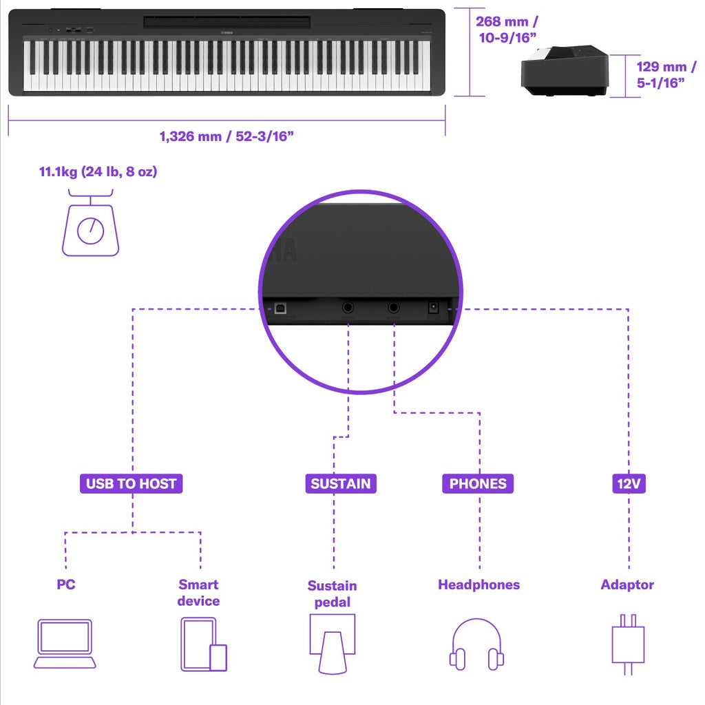Kích thước và kết nối trên Yamaha P143BT